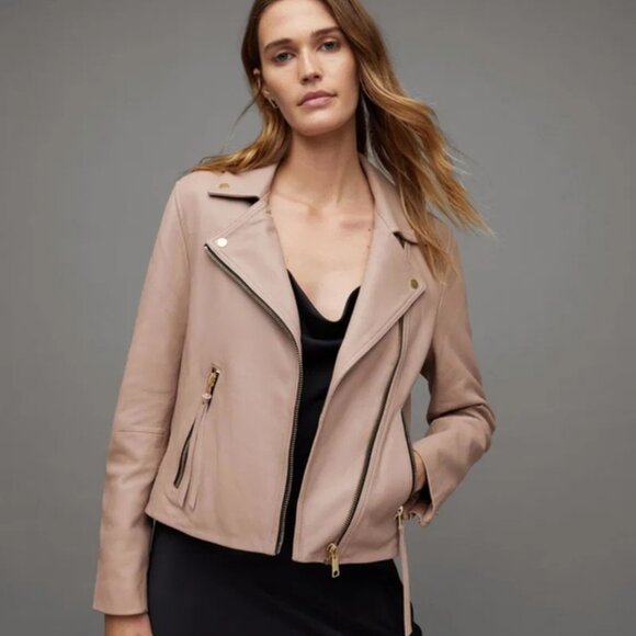 All Saints Goat Leather Salmon Pink Moto Jacket Women's Size 6 Small - Picture 3 of 13